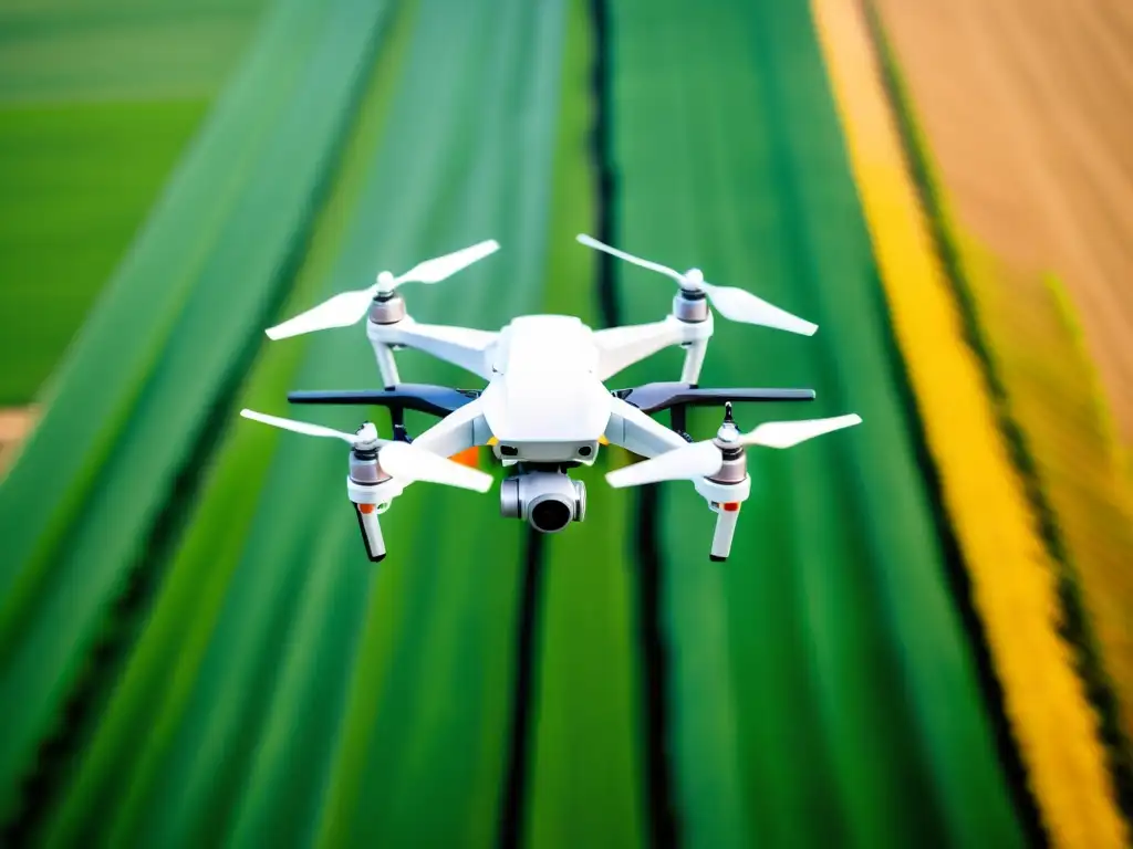 Un drone moderno sobrevuela un campo verde, capturando datos para innovaciones tecnológicas en marketing agrícola