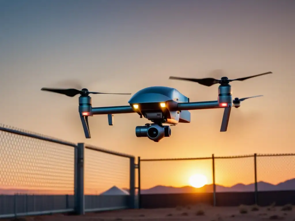 Un drone de seguridad robótico futurista patrullando una valla fronteriza al atardecer, reflejando la luz dorada del sol