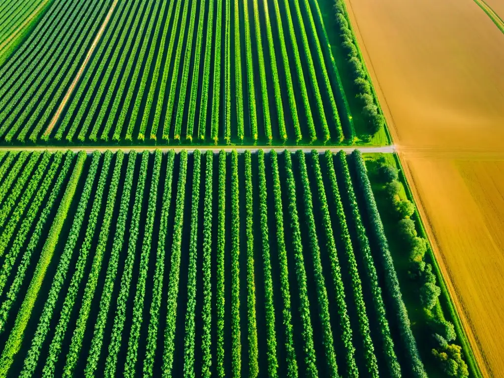 Drones agrícolas con IA capturan la belleza natural y la precisión tecnológica en un campo de cultivo bañado por la cálida luz del sol