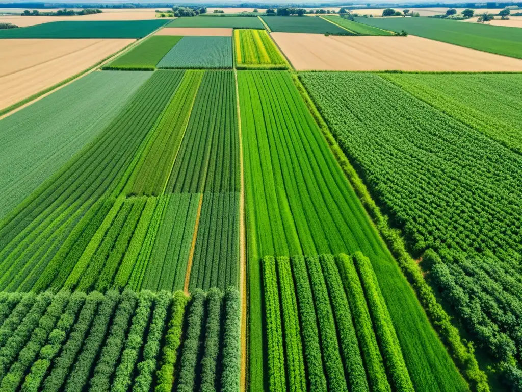 Drones agrícolas capturan campos verdes y simetría, gestión de cultivos en perfecta armonía bajo el cielo azul