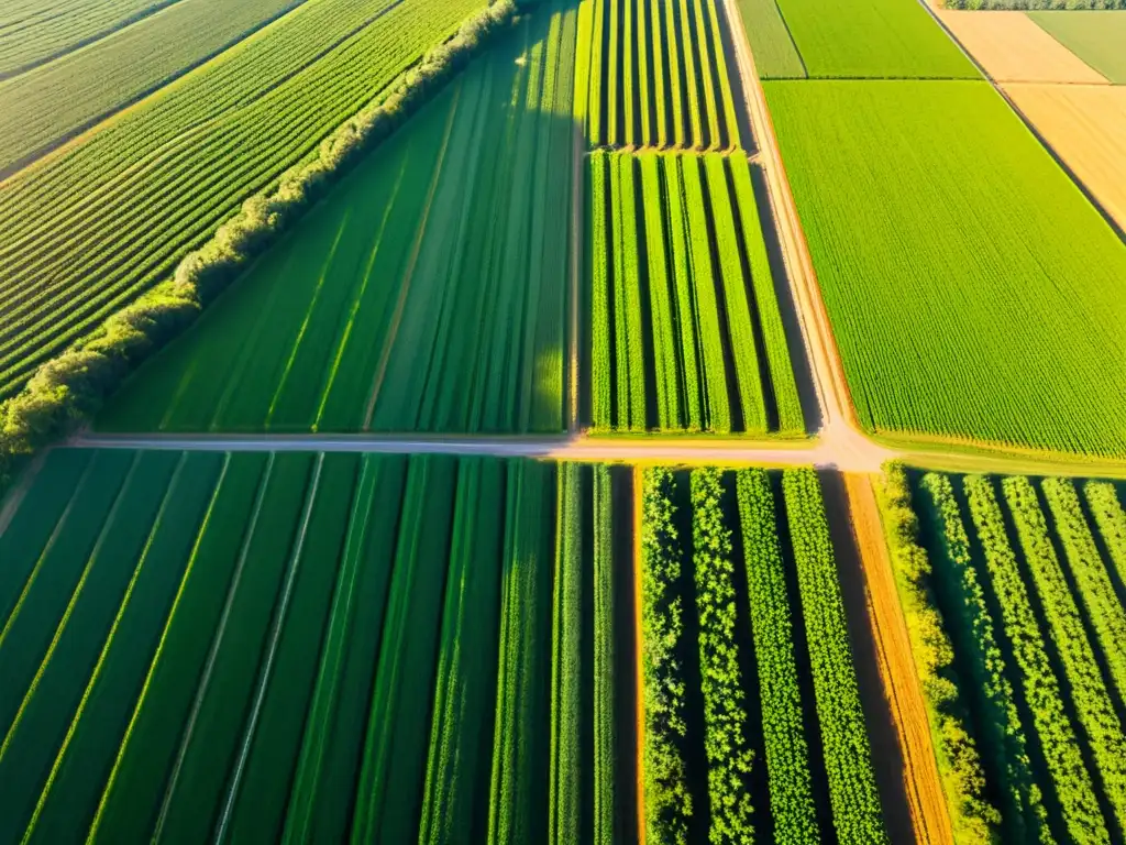 Drones agrícolas con IA capturan datos sobre cultivos en un campo verde y exuberante, con el sol proyectando largas sombras