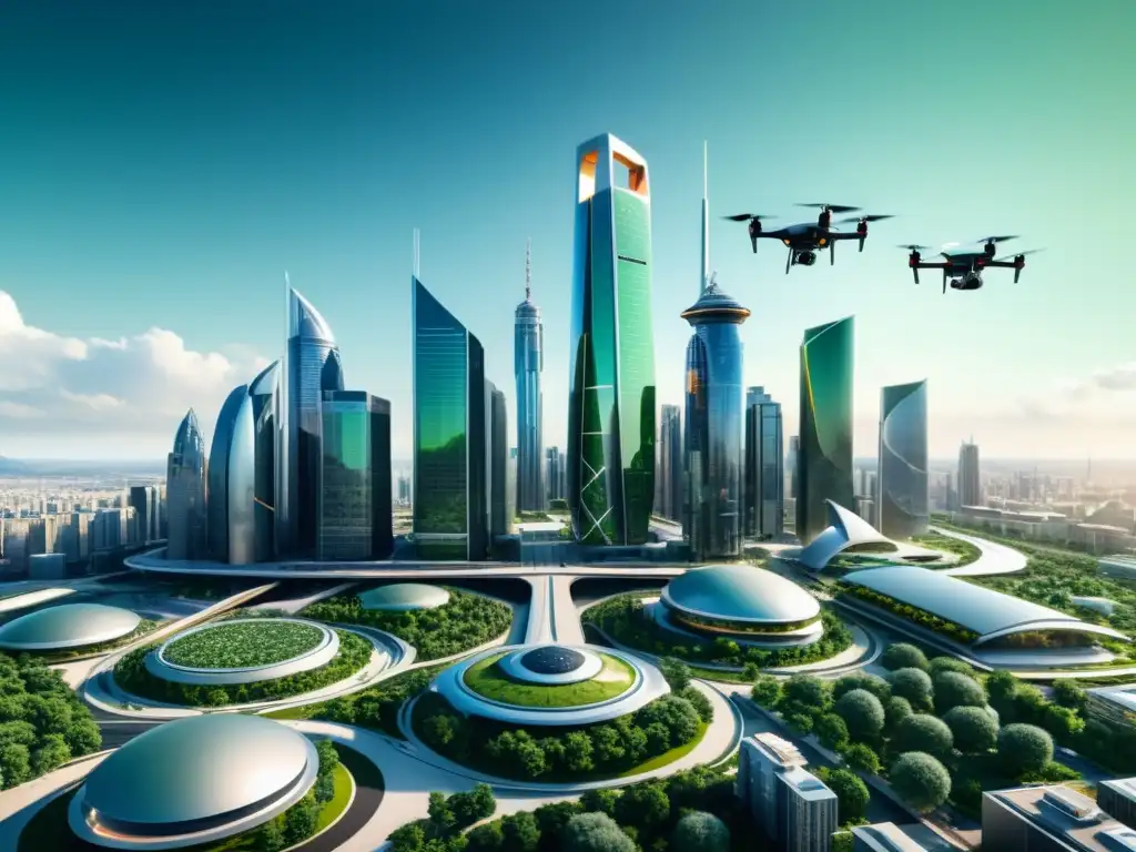 Drones constructores para edificaciones futuras en una ciudad futurista con tecnología avanzada y diseño innovador