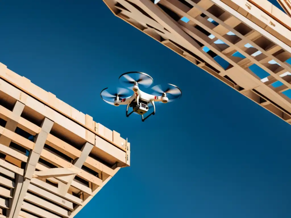 Drones constructores para edificaciones futuras: Imagen futurista de un sitio de construcción con drones llevando materiales para la construcción