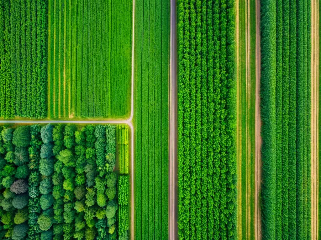 Drones agrícolas para gestión de cultivos: Fotografía aérea de campo verde con cultivos ordenados, destacando la integración tecnológica y natural