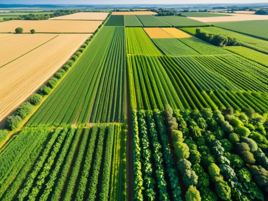 Drones agrícolas para gestión de cultivos: Fotografía aérea de campos verdes con cultivos y drones monitoreando la operación agrícola al atardecer