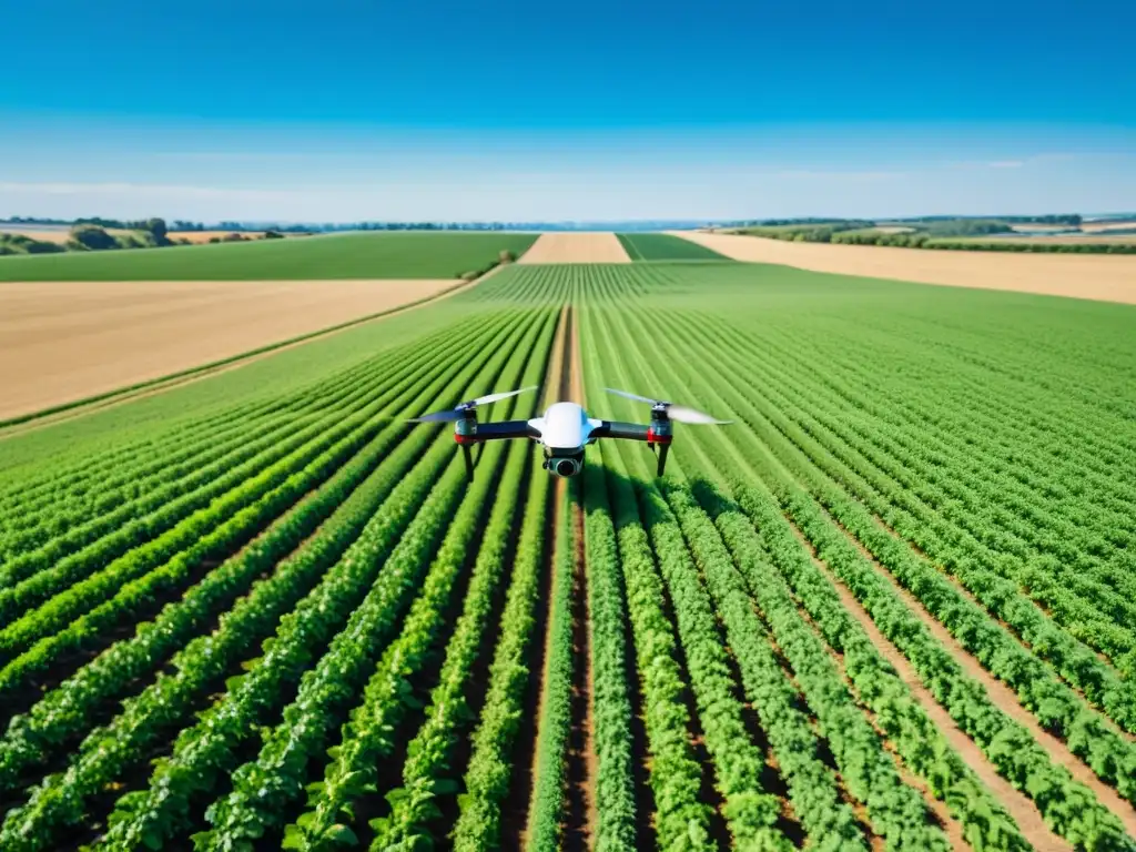 Drones agrícolas para gestión de cultivos: Moderna tecnología sobrevuela un campo verde exuberante, recopilando datos con precisión