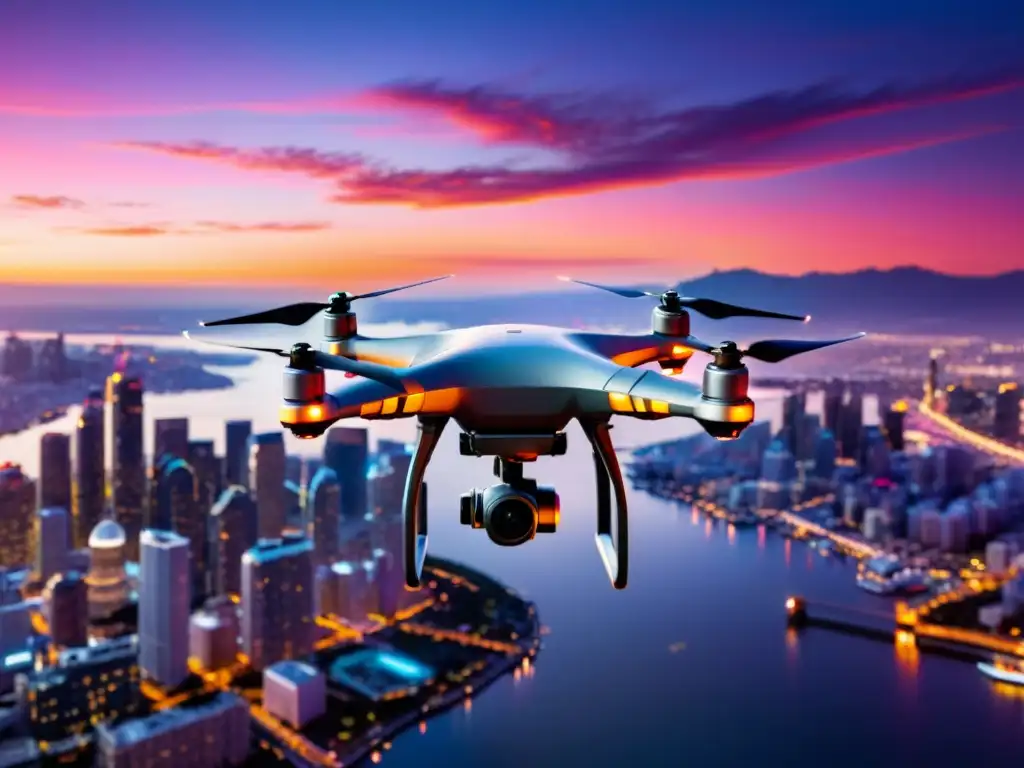 Drones de entrega como logística: Un dron surca el cielo al atardecer sobre la ciudad, con luces brillantes y tecnología avanzada