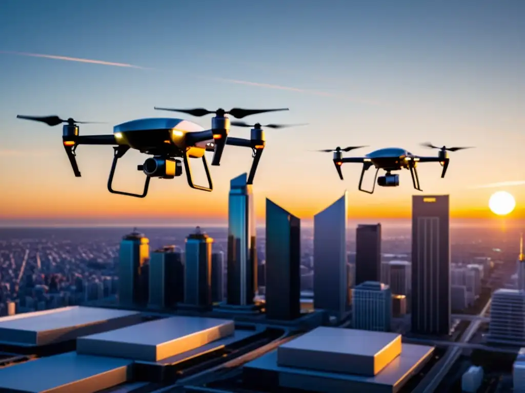 Drones de entrega como logística: Flota de drones en vuelo sobre una ciudad futurista al atardecer, mostrando innovación y eficiencia en la entrega