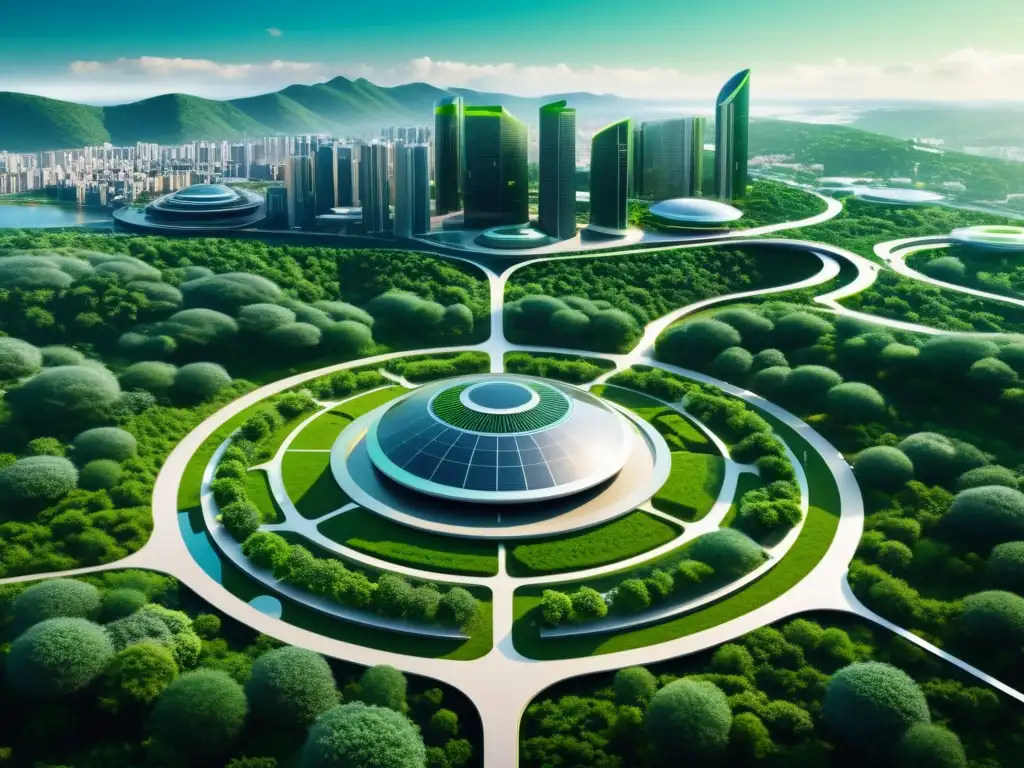 Economía circular y big data: Futurista ciudad con edificios interconectados, naturaleza exuberante y flujo de datos integrado