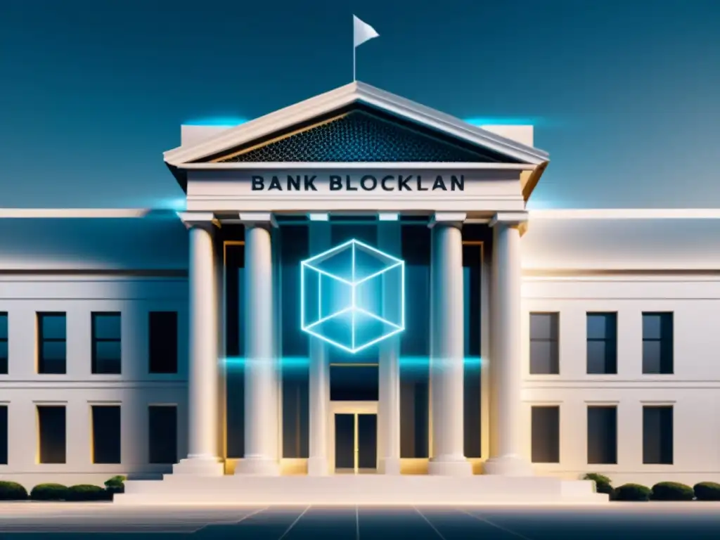 Edificio bancario clásico con superposición de nodos blockchain, simbolizando el impacto de Blockchain en la banca tradicional