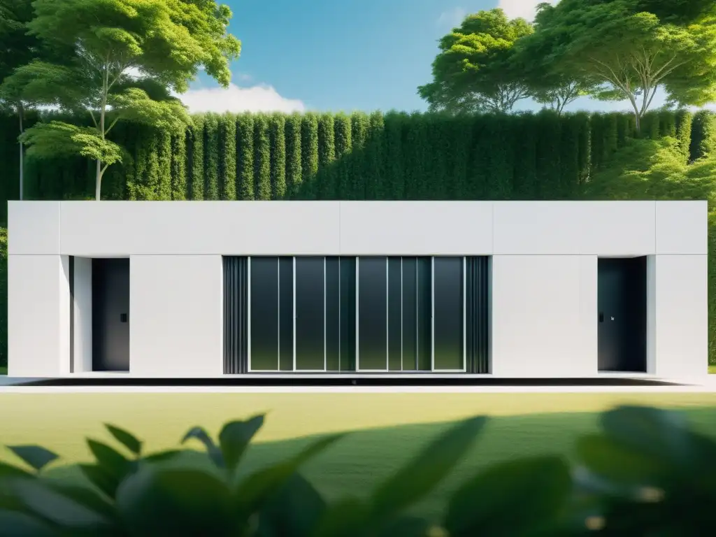 Edificio futurista blanco rodeado de vegetación, simbolizando soluciones sostenibles para almacenamiento Big Data