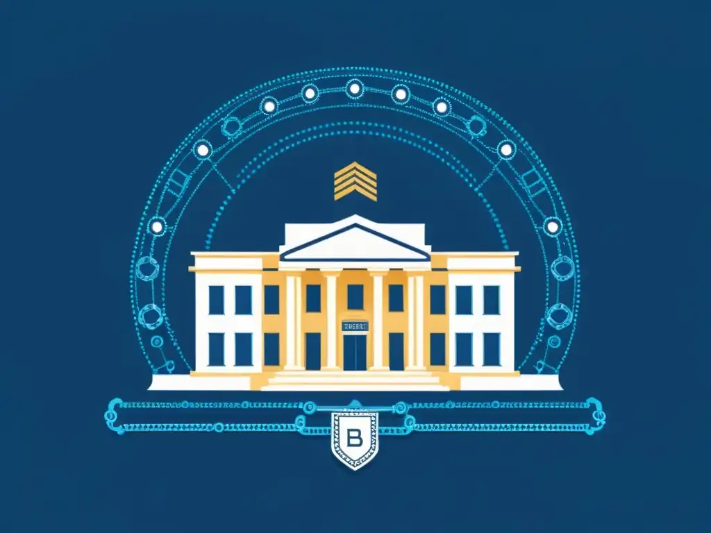 Integración de Blockchain en Gobierno: Ilustración Moderna Edificio gubernamental con cadenas de blockchain, simbolizando la implementación de Blockchain en gobierno