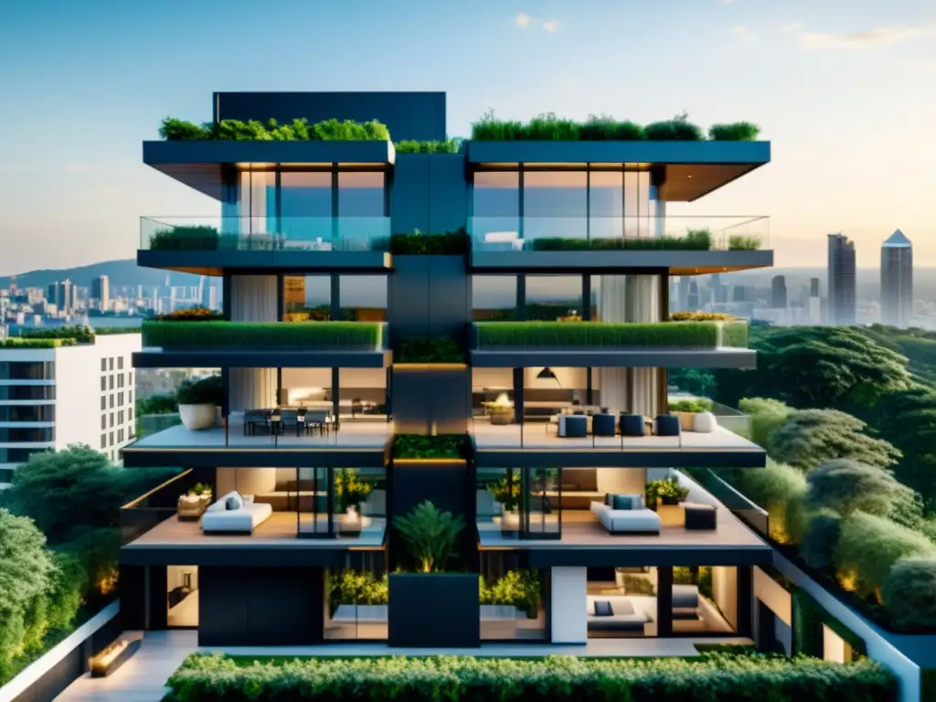 Edificio de lujo con tecnología blockchain en el sector inmobiliario, diseño moderno, líneas limpias, ventanales y terraza con vista a la ciudad