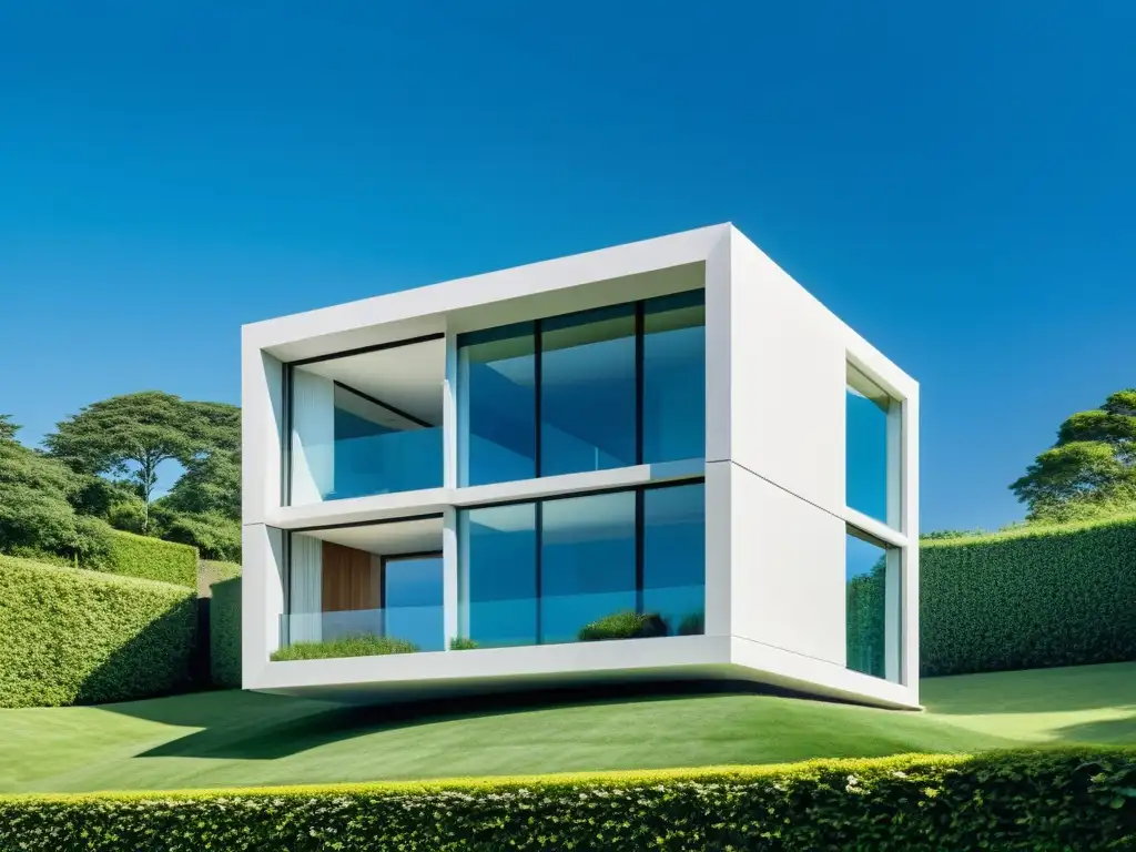 Edificio moderno rodeado de vegetación, con líneas elegantes y ventanas amplias, bajo un cielo azul claro