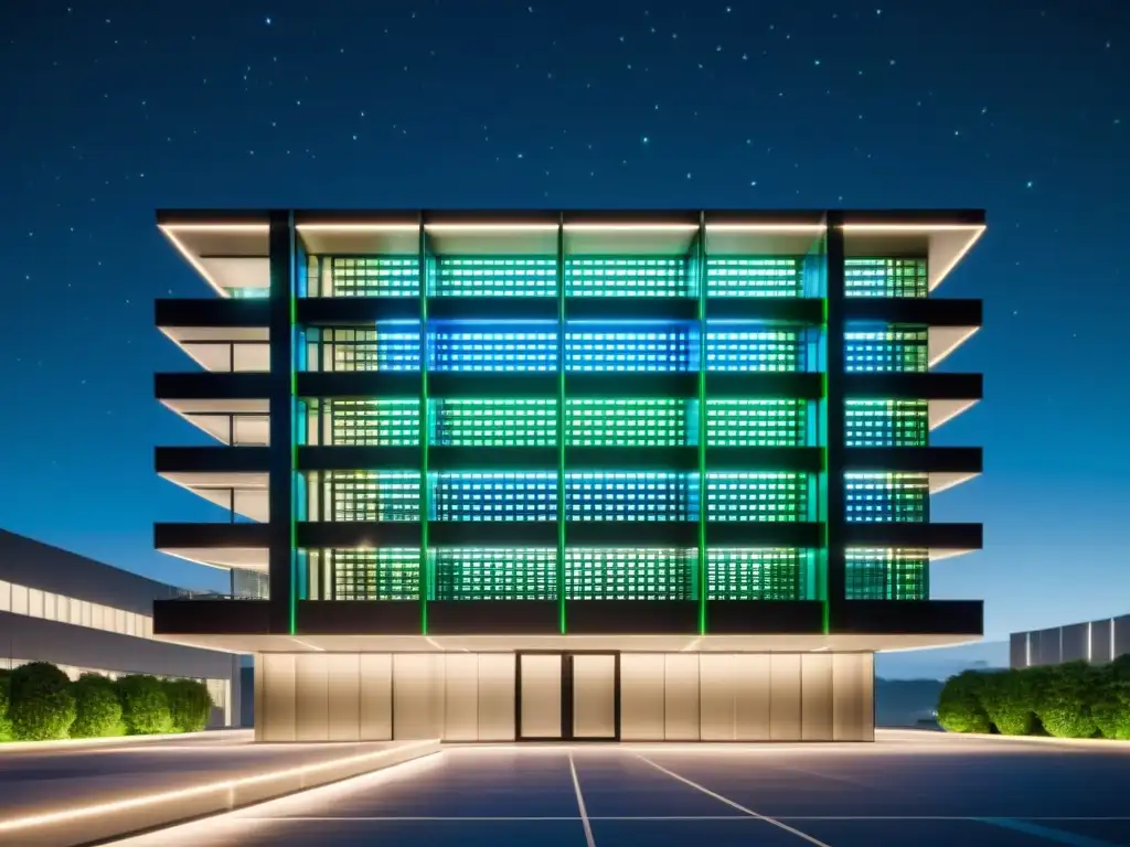 Edificio de oficinas moderno iluminado con patrones digitales en azul y verde