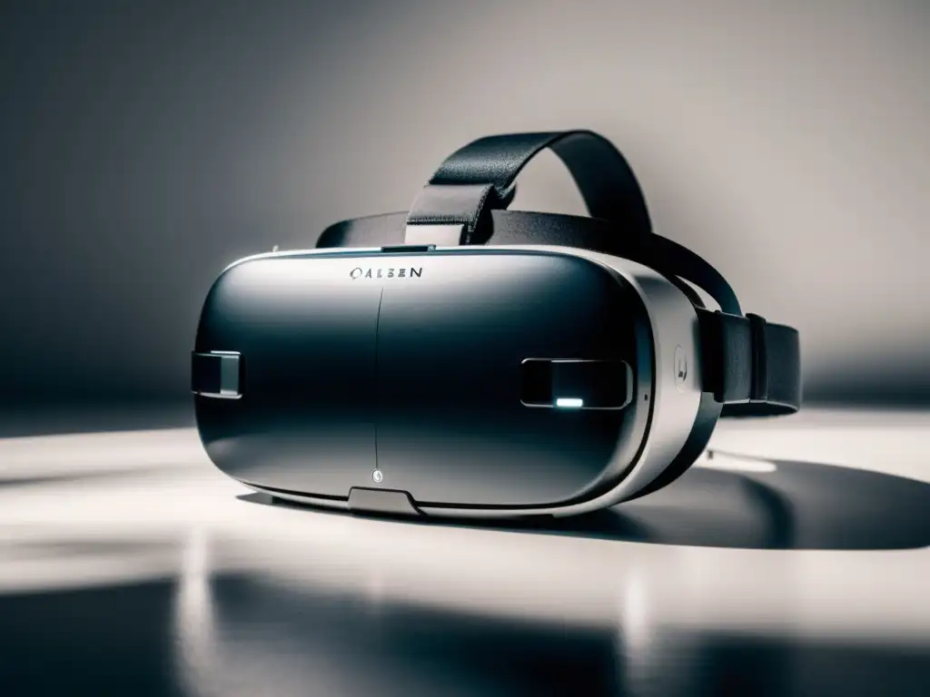 Un elegante auricular de realidad virtual descansa sobre una superficie blanca, iluminado por una luz suave
