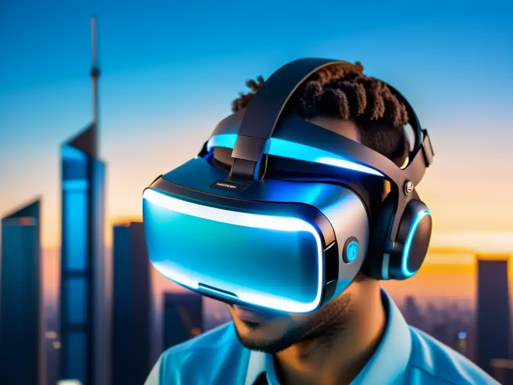 Un elegante auricular de realidad virtual suspendido en el aire, con una ciudad futurista reflejada en sus lentes