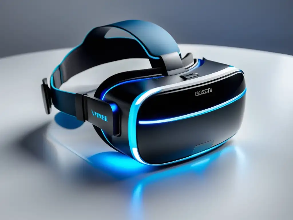 Un elegante auricular de realidad virtual con detalles azules brillantes que emite una luz suave y futurista sobre una superficie blanca impecable