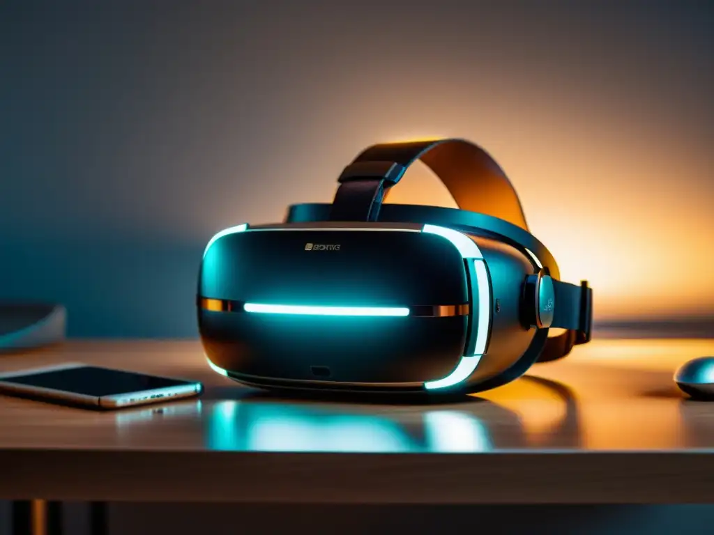 Un elegante auricular de realidad virtual reposa sobre un moderno escritorio minimalista, evocando innovación y eficiencia