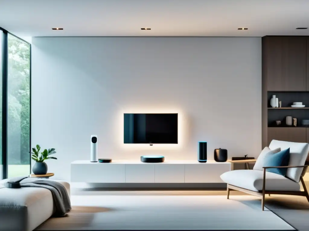 Una elegante configuración de hogar inteligente con dispositivos de voz, iluminación inteligente y un centro de control futurista