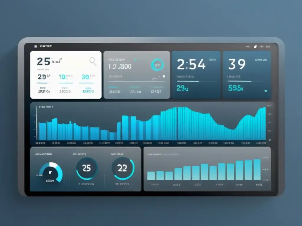 Un elegante dashboard con widgets, gráficos y KPIs, en tonos azules, grises y blancos