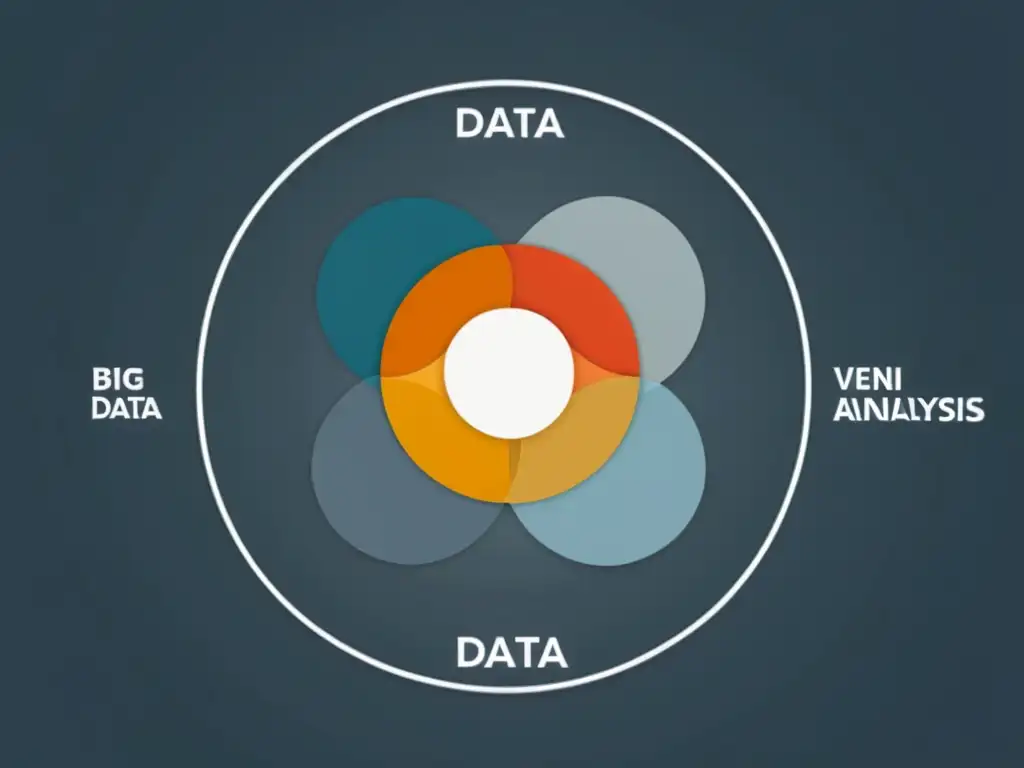 Un elegante diagrama de Venn en datos con círculos intersectados y etiquetas nítidas, representando el análisis de big data