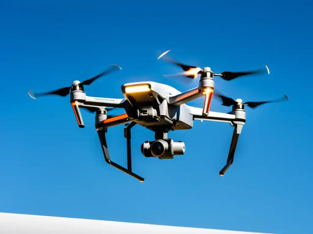 Un elegante dron de alta tecnología flotando en el cielo azul, reflejando la luz del sol