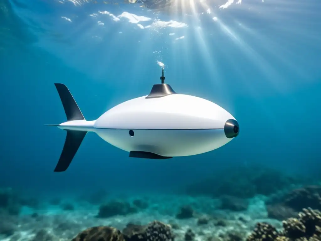 Drone submarino plateado en aguas cristalinas Un elegante dron submarino de tecnología robótica protege los océanos con su diseño plateado y tecnología avanzada