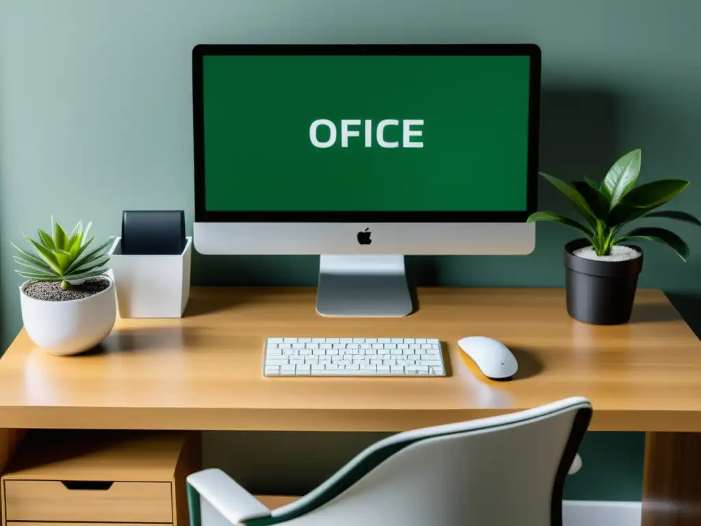 Elegante escritorio de oficina con computadora y plantas