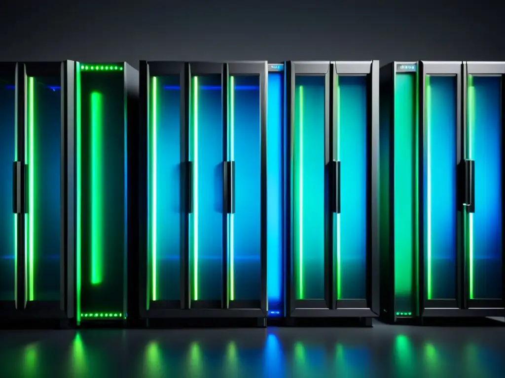 Servidores en la nube: Tecnología avanzada y eficiencia Un elegante y futurista rack de servidores para computación en la nube, con luces azules y verdes brillantes, sobre un fondo oscuro