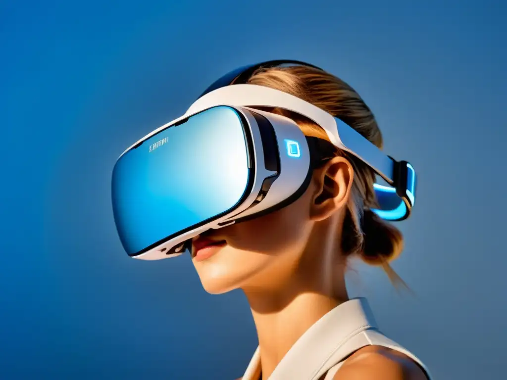 Un elegante y futurista visor de realidad virtual iluminado con un suave resplandor azul, reflejando un estudio de diseño de moda