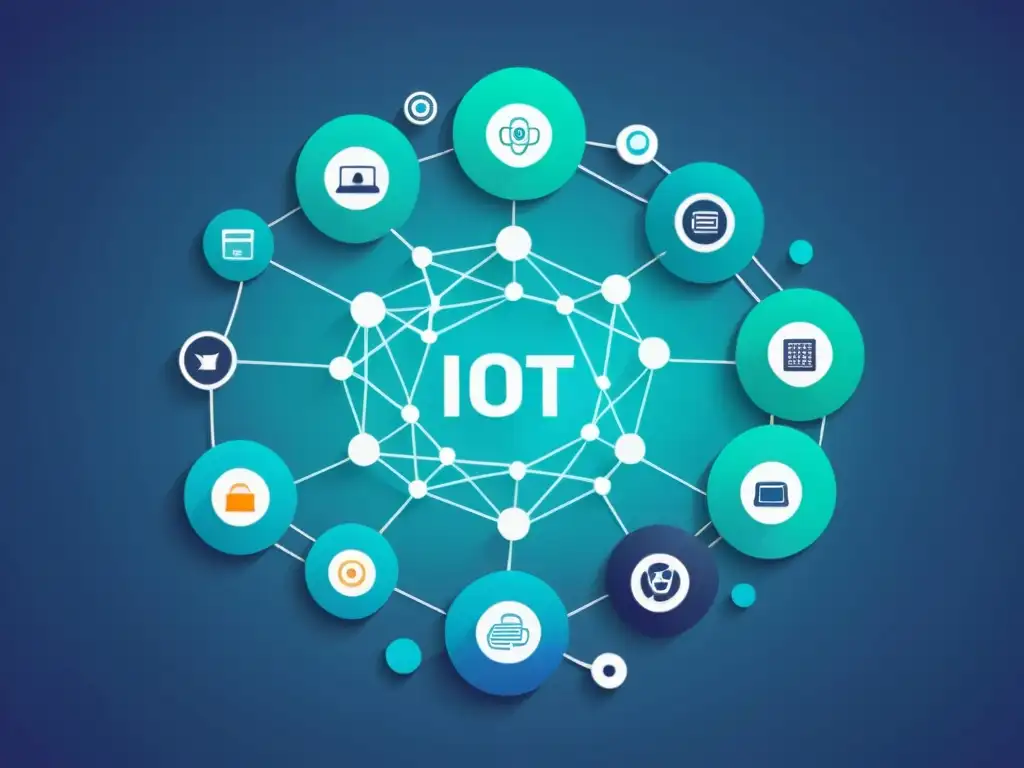 Una elegante representación gráfica de la sinergia IoT Marketing Digital, con nodos interconectados en un patrón dinámico y fluido