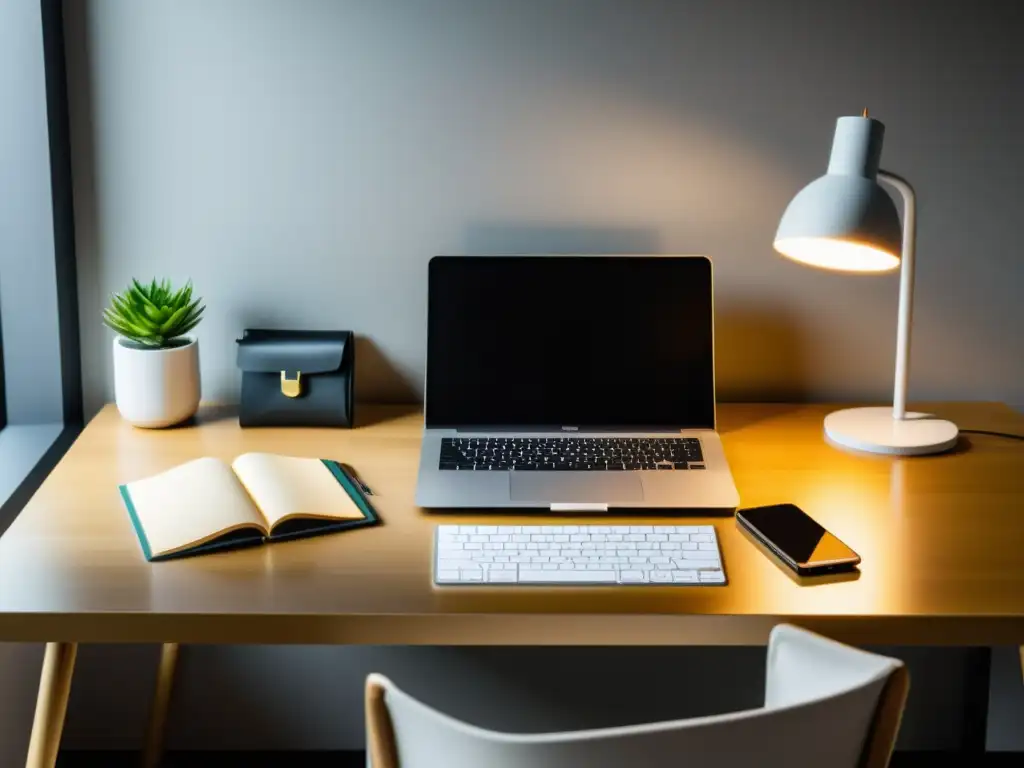 Un elegante y minimalista espacio de trabajo con laptop, smartphone y papelería