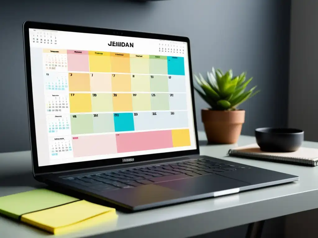 Un elegante y organizado escritorio con calendario editorial efectivo para redes sociales, post-its y laptop moderno