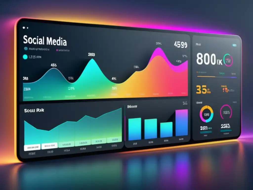 Un elegante panel de análisis de redes sociales en 8k, con visualizaciones de datos detalladas y un diseño futurista, bañado en luz etérea