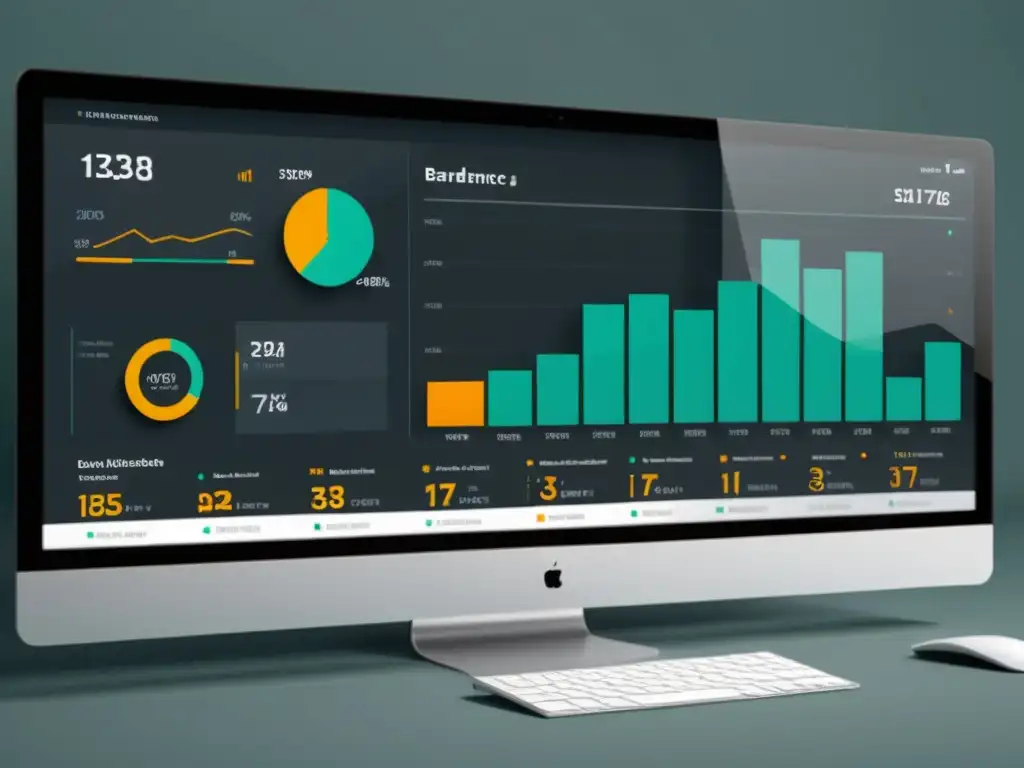 Un elegante panel de control con visualización de datos de alta calidad que transmite profesionalismo y modernidad, destacando las mejores prácticas en visualización de datos para inteligencia de negocios