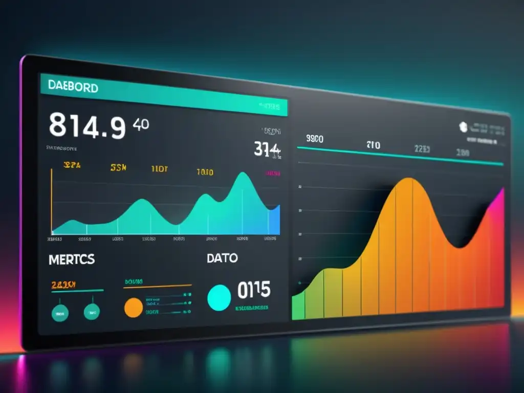 Un elegante panel de visualización de datos en alta resolución con gráficos dinámicos y vibrantes, reflejando las mejores prácticas en visualización de datos para inteligencia de negocios