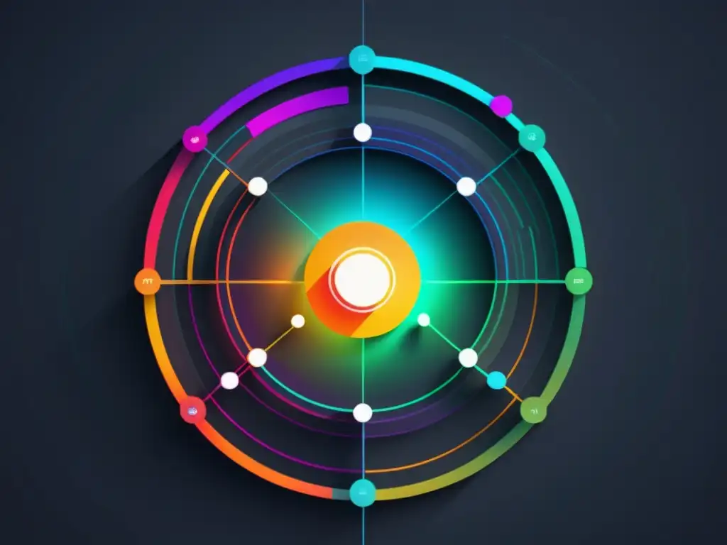 Un elegante panel de visualización de datos futurista con nodos interconectados y líneas vibrantes que representan conjuntos de datos estructurados