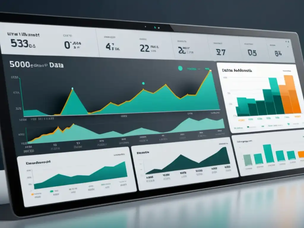 Un elegante panel de visualización de datos con gráficos e informes interconectados, proyectando análisis de mercado en tonos monocromáticos, para análisis de datos estructurados SEO mercado