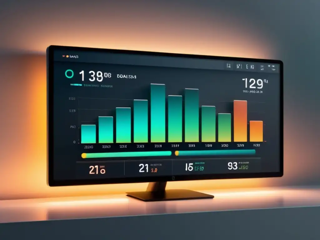 Un elegante panel de visualización de datos con líneas limpias y colores suaves, resaltado por una iluminación sofisticada