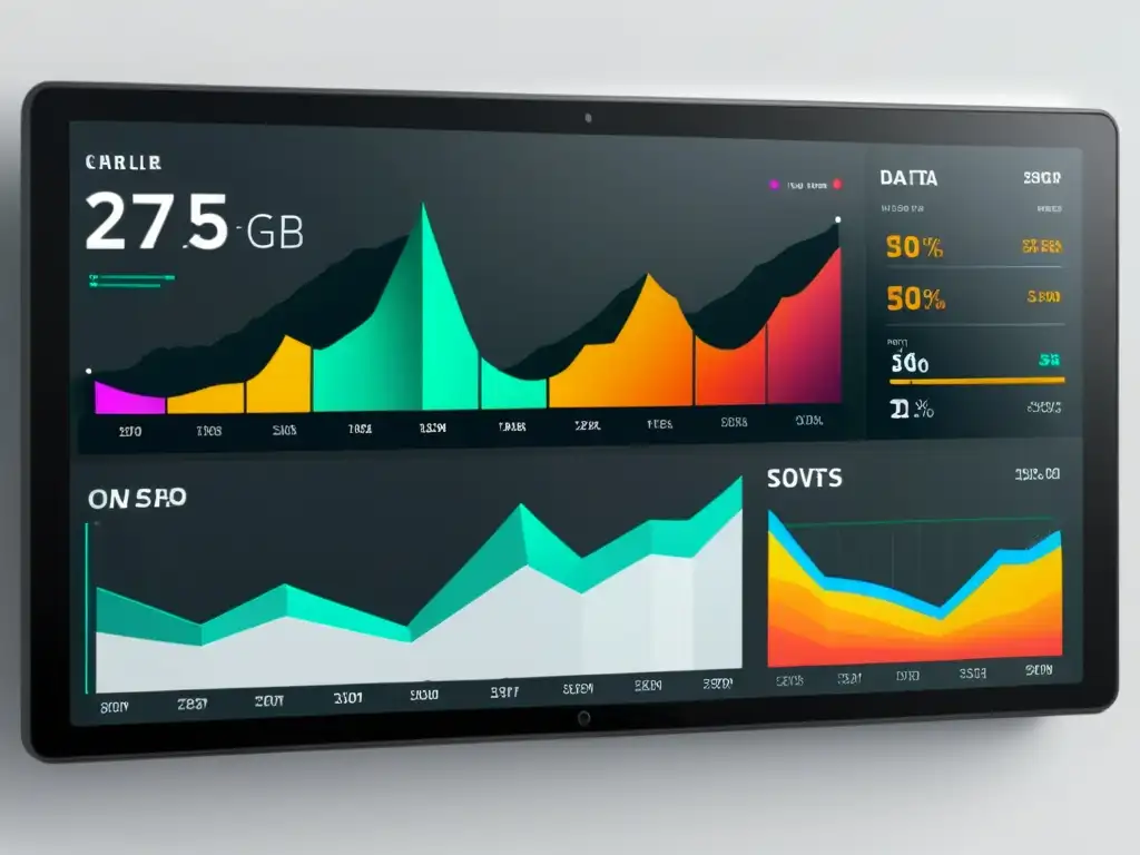 Un elegante panel de visualización de datos en periodismo, con gráficos dinámicos y vibrantes en un ambiente minimalista y profesional