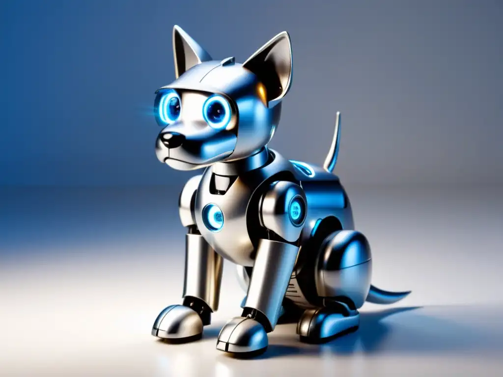 Un elegante perro robot plateado en un fondo blanco, transmite curiosidad e inteligencia