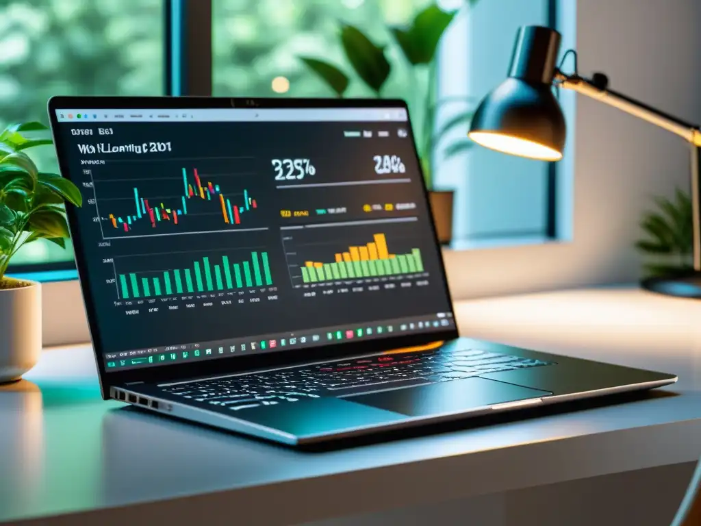 Un elegante portátil en un espacio minimalista con gráficos de data visualization, evocando los Secretos del Machine Learning: Aprendizaje Automático