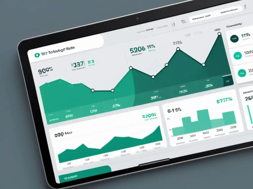 Una elegante y profesional visualización de datos que mide el éxito de la estrategia de contenido tecnológico con gráficos y métricas fáciles de leer