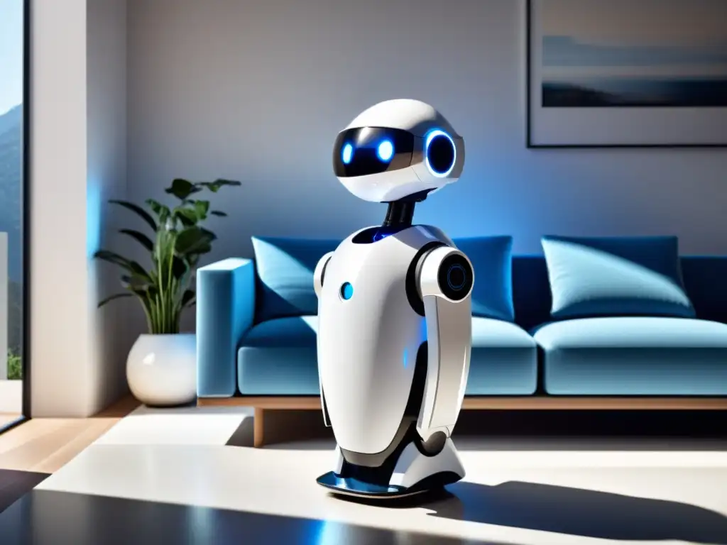 Un elegante robot asistente personal para el hogar en un ambiente moderno y luminoso, con ojos azules brillantes