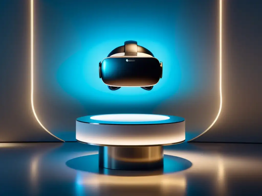 Un elegante showroom con iluminación suave destaca un avanzado auricular de realidad virtual en un pedestal