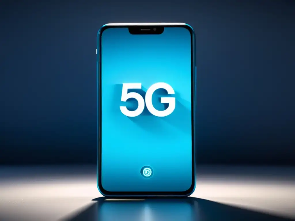 Un elegante smartphone futurista con el símbolo 5G en pantalla, iluminando suavemente la habitación