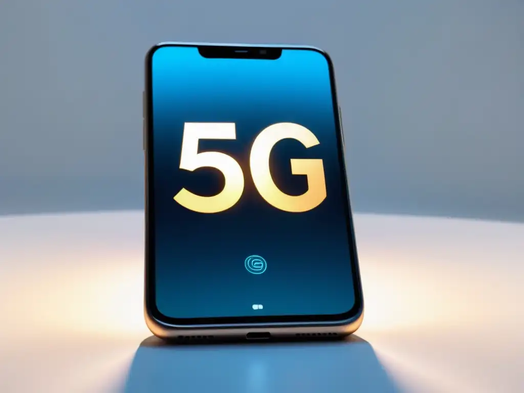 Un elegante smartphone 5G en un fondo blanco, reflejando luz suave