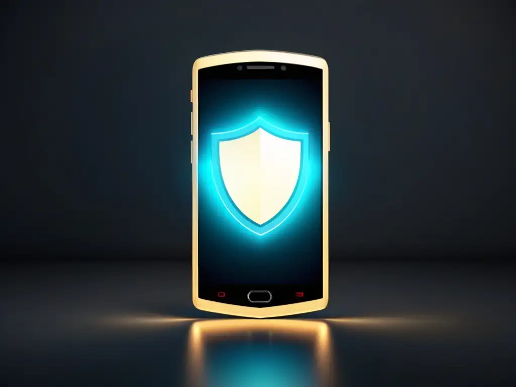 Un elegante smartphone rodeado por un escudo digital, simbolizando protección contra malware móvil