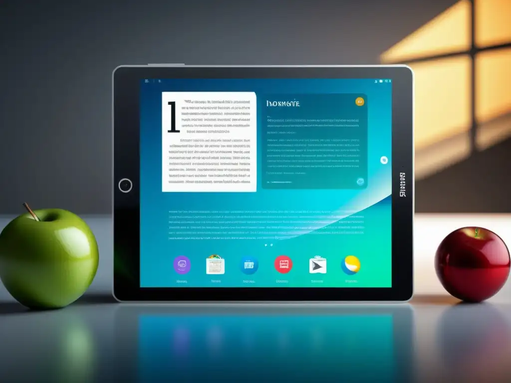 Un elegante tablet muestra un ebook interactivo con gráficos vibrantes, situado en un escritorio minimalista con acentos futuristas